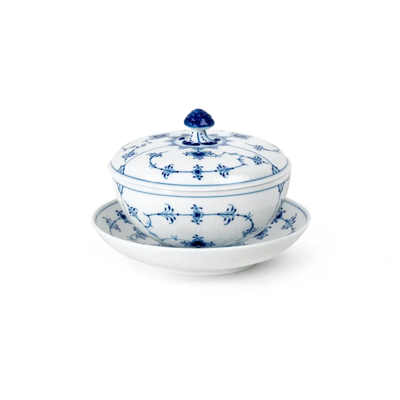 Eksklusive Steldele|Musselmalet Riflet*Royal Copenhagen Musselmalet Riflet skål med låg og underkop, 38 cl