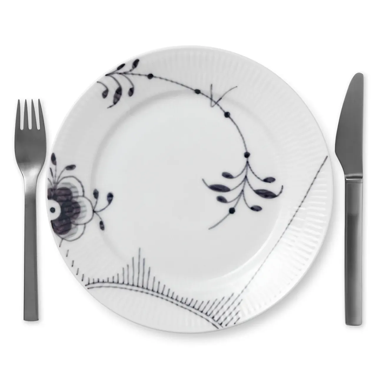 Sort Mega Riflet|Frokost Tallerkener*Royal Copenhagen Sort Mega Riflet tallerken, decoration 2, 22 cm